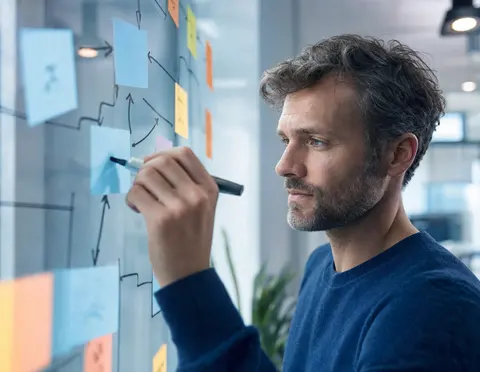 Team von Lota Engineering analysiert Geschäftsprozesse am Whiteboard auf Automatisierungs-Potenzial