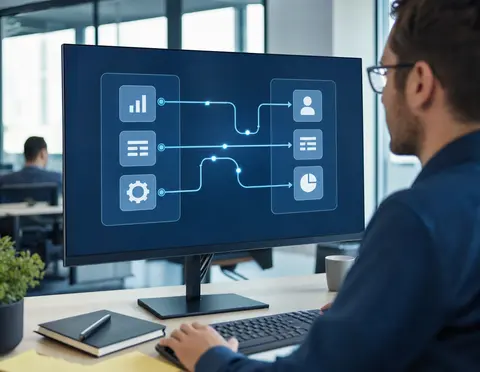 Integrations-Diagramm einer Systemarchitektur mit per API verbundenen Anwendungen