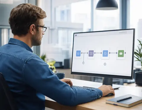 Workflow-Diagramm auf einem Bildschirm, das verbundene Systeme und automatische Schritte zeigt