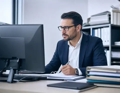 Arbeitsplatz in einer Düsseldorfer Kanzlei mit DATEV am Bildschirm und verschlüsselter Aktenablage