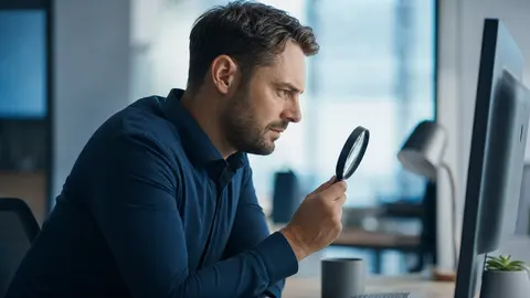Phishing-Erkennung am Arbeitsplatz: Mitarbeiter prüft aufmerksam eine verdächtige E-Mail am Bildschirm, wachsam und ruhig