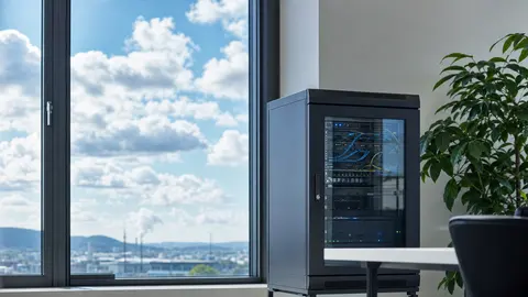 Cloud oder eigener Server: kleiner Serverschrank neben einem Fenster mit Wolkenhimmel als Sinnbild für die Abwägung