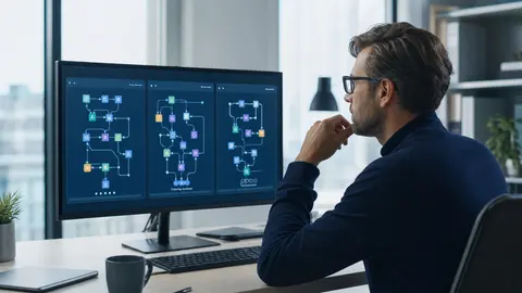 Automatisierungs-Tools im Vergleich: Fachkraft bewertet n8n, Make und Power Automate nebeneinander am großen Bildschirm