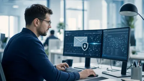 E-Mail-Sicherheit im Unternehmen: IT-Fachkraft prüft am Bildschirm den Schutz der Domain vor gefälschten E-Mails