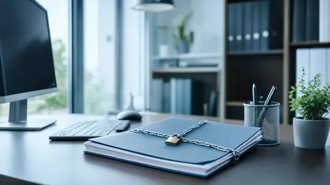 Datenschutz im Unternehmen: aufgeräumter Schreibtisch mit gesicherten Dokumenten und Computer