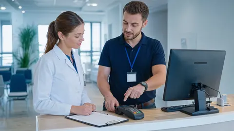 IT bei der Praxisübernahme: Ärztin und IT-Techniker prüfen am Empfang einer Arztpraxis gemeinsam Kartenterminal und Praxisrechner vor dem Inhaberwechsel