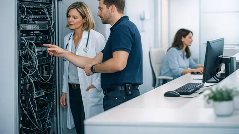 IT-Modernisierung bei der Praxisübernahme: neue Inhaberin und IT-Fachkraft begutachten Serverschrank und Praxisrechner einer übernommenen Arztpraxis
