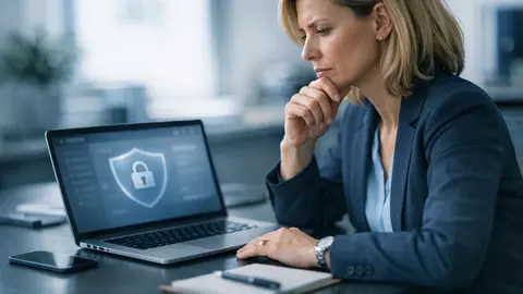 KI im Unternehmen sicher nutzen: Mitarbeiterin bewertet die Ausgabe eines KI-Assistenten am Laptop, Fokus auf Datenschutz und Kontrolle