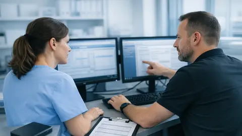 Wechsel der Praxissoftware bei der Praxisübernahme: Praxismanagerin und IT-Techniker vergleichen im Büro einer Arztpraxis an zwei Bildschirmen das Ergebnis eines Testlaufs der Datenübernahme