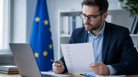 NIS2-Compliance im Unternehmen: Fachkraft prüft eine regulatorische Checkliste neben dem Laptop, EU-Bezug im Hintergrund