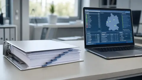IT-Notfallvorsorge: gedruckter Notfallplan als Ordner neben einem Laptop mit Statusanzeige, ruhige Kontrolle