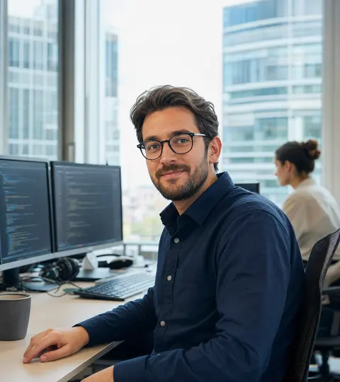 IT-Experte von Lota Engineering am Arbeitsplatz im modernen Büro