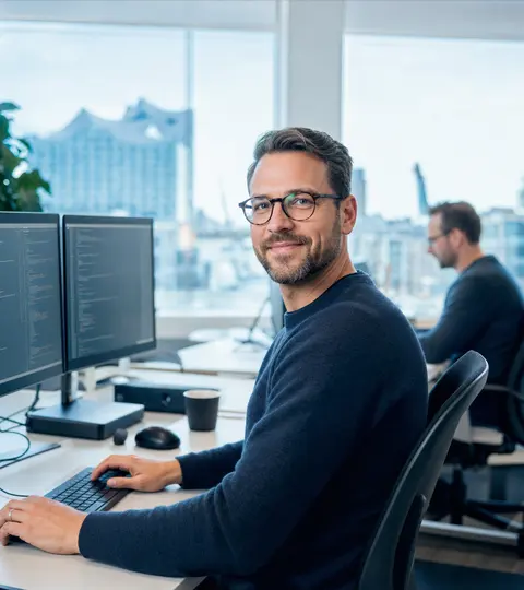 IT-Experte von Lota Engineering am Arbeitsplatz im modernen Büro