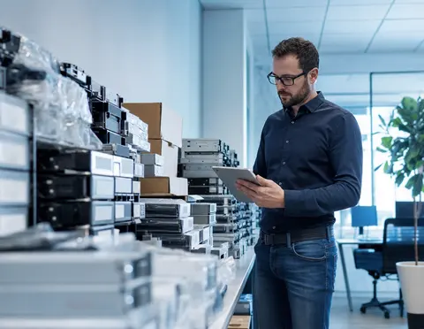 Gestapelte Business-Hardware wird per Tablet erfasst — Bestandsaufnahme für den IT-Ankauf durch Lota Engineering in Düsseldorf