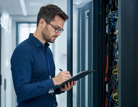 IT-Sicherheitsexperte von Lota Engineering prüft die Firewall im Serverraum eines Düsseldorfer Unternehmens
