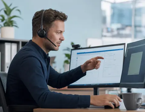 IT-Support-Mitarbeiter von Lota Engineering bearbeitet eine Support-Anfrage am Telefon in Düsseldorf