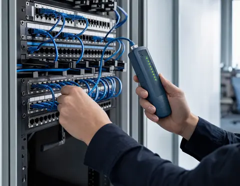 Strukturierte Netzwerkverkabelung in einem Netzwerkschrank, installiert von Lota Engineering in Düsseldorf