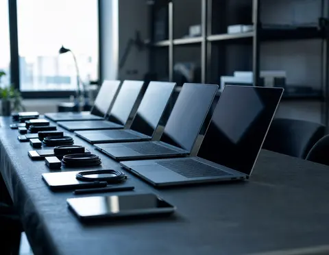 Aufgereihte Notebooks, Tablets und Zubehör eines kompletten Geräteschubs auf einem Bürotisch — Beschaffung und Ankauf bei Lota Engineering in Düsseldorf