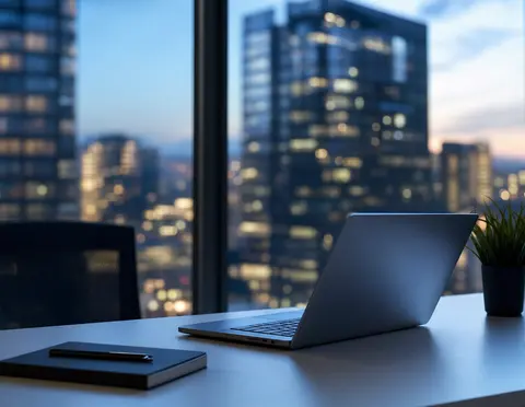 Aufgeklappter Laptop auf einem Schreibtisch am Fenster, dahinter beleuchtete Bürohochhäuser in der Dämmerung