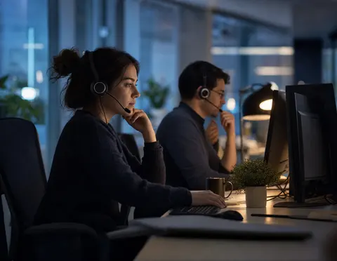 IT-Team von Lota Engineering bei der Bildschirmarbeit im Düsseldorfer Helpdesk