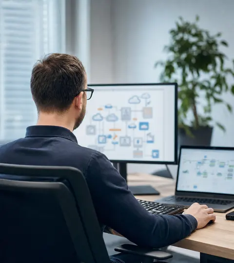 Zwei IT-Techniker von Lota Engineering analysieren gemeinsam eine Netzwerkkonfiguration im Düsseldorfer Büro