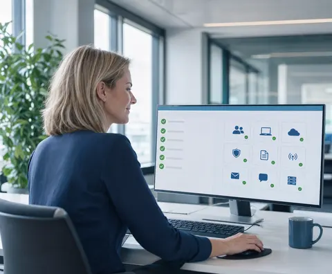Neue Mitarbeiterin an einem vollständig eingerichteten Arbeitsplatz am ersten Arbeitstag